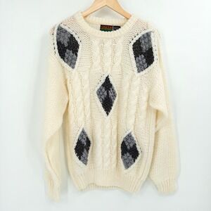 Vintage Chunky Cream Cable Knit Sweater Womens M 90s Grandpa‎ Indie Oversized